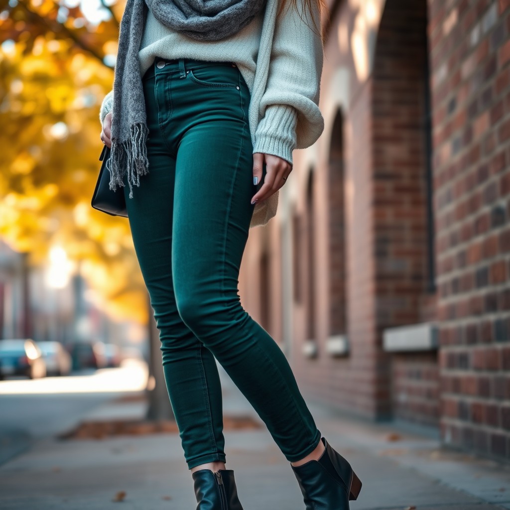 A fashionable outfit featuring dark green jeans, combined with a stylish oversized white sweater, accessorized with a chunky gray scarf
