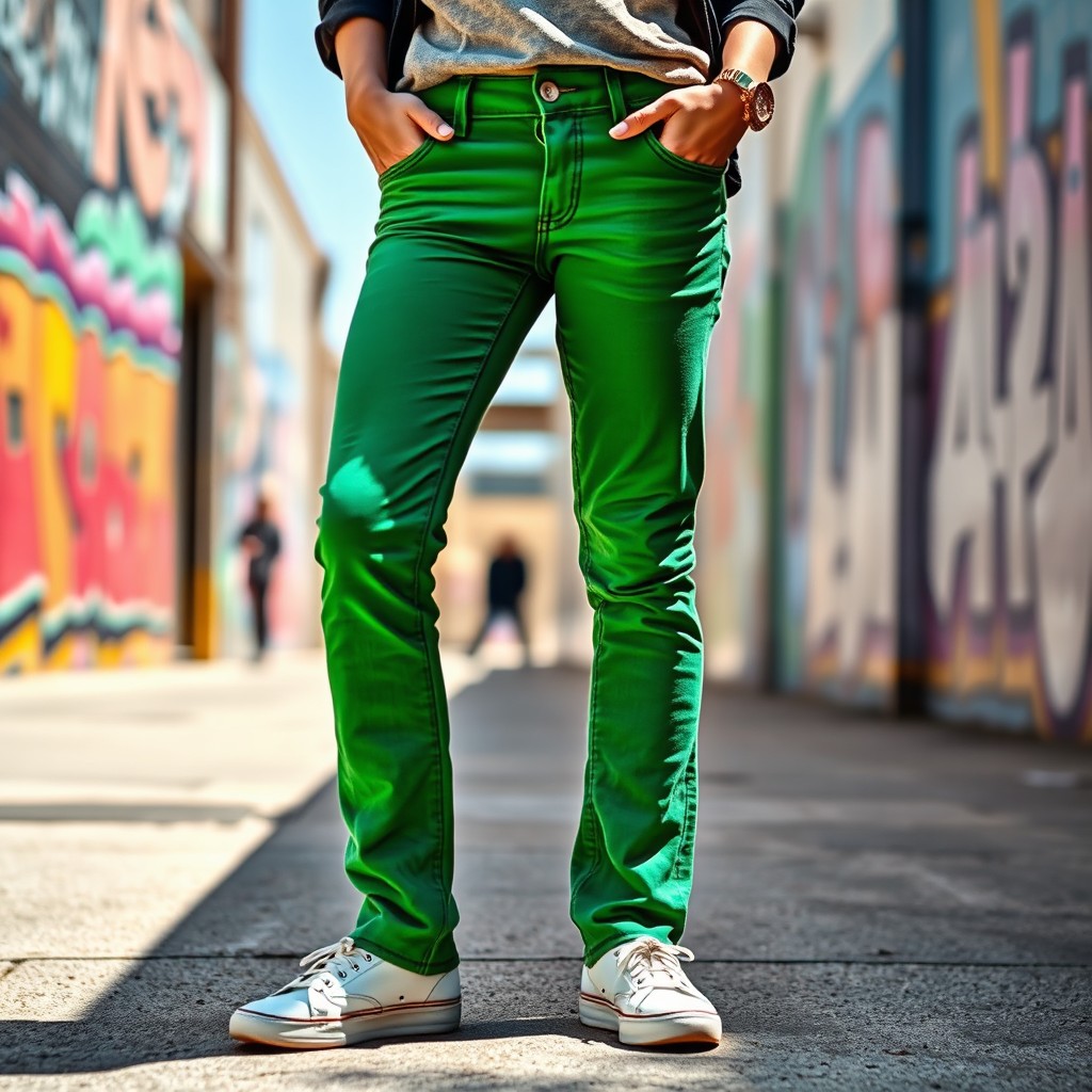 A stylish individual wearing a pair of trendy green jeans, standing in an urban setting