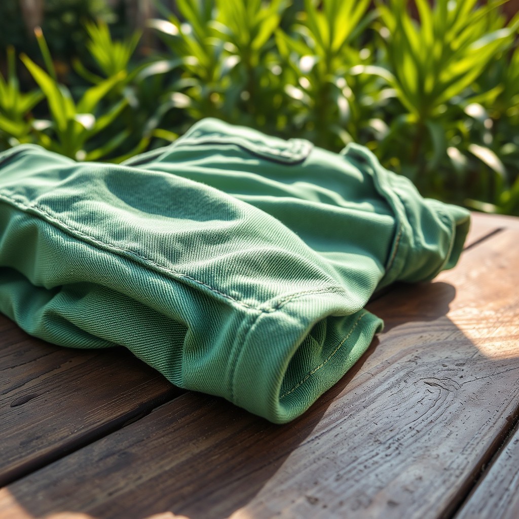 A vivid close-up shot of a pair of stylish green washed jeans placed on a rustic wooden table, showcasing their unique texture and design details, like fading and subtle distressing