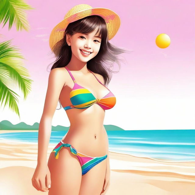 An image of a cheerful girl in a cute bikini