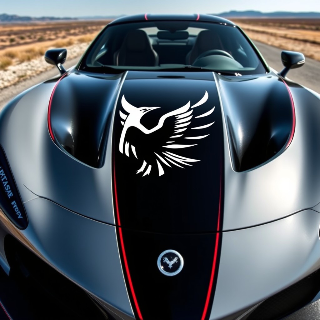 A sleek, modern sports car featuring a prominent logo of an eagle