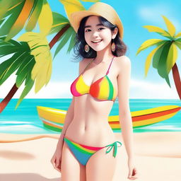 An image of a cheerful girl in a cute bikini