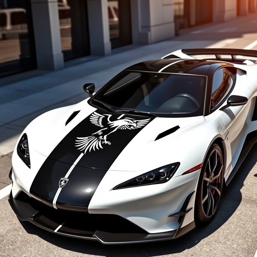 A sleek black and white coupe car featuring a distinctive eagle logo prominently displayed on the hood