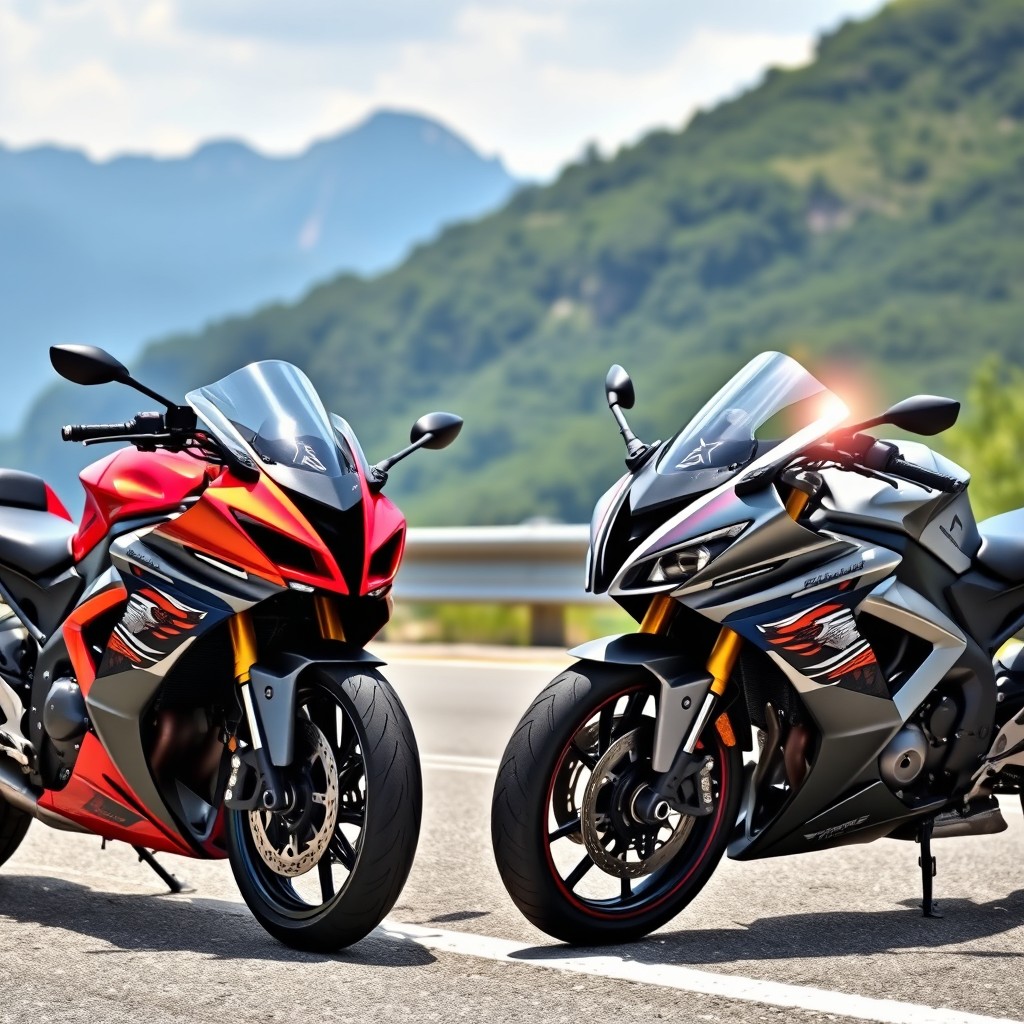 Two powerful sports motorcycles featuring an impressive eagle brand logo prominently displayed on each bike