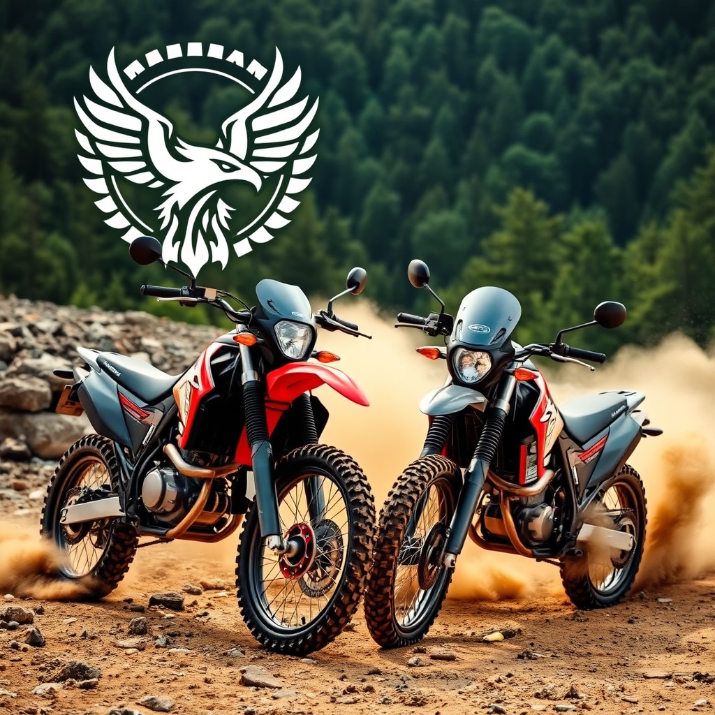 Two rugged enduro motorcycles featuring a prominent eagle brand logo