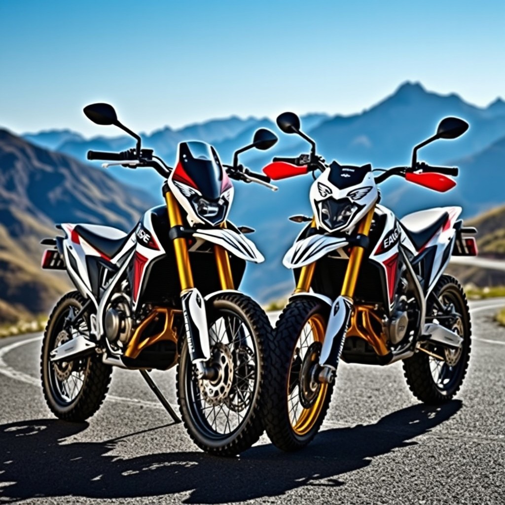 Two striking supermotard motorcycles featuring a distinctive eagle brand logo