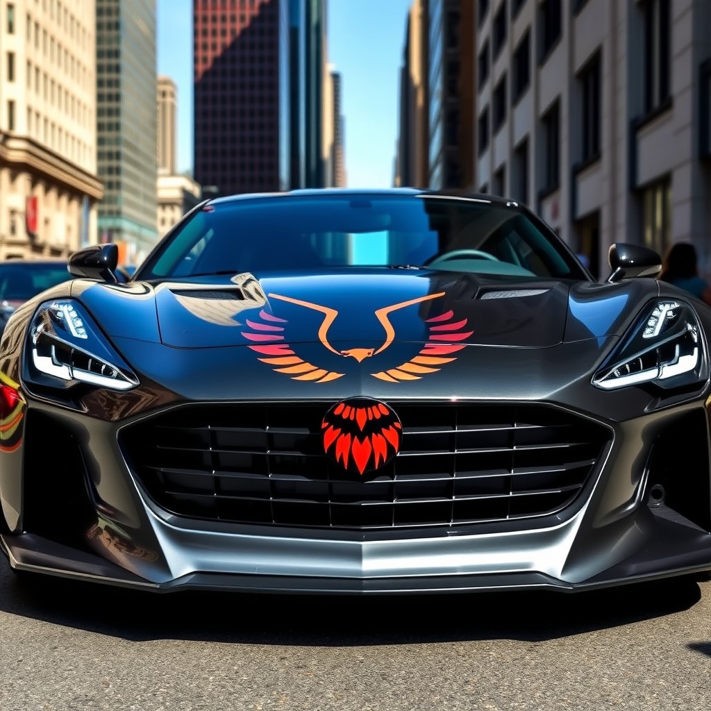 A sleek and powerful car featuring a striking eagle brand logo prominently displayed on the front grille