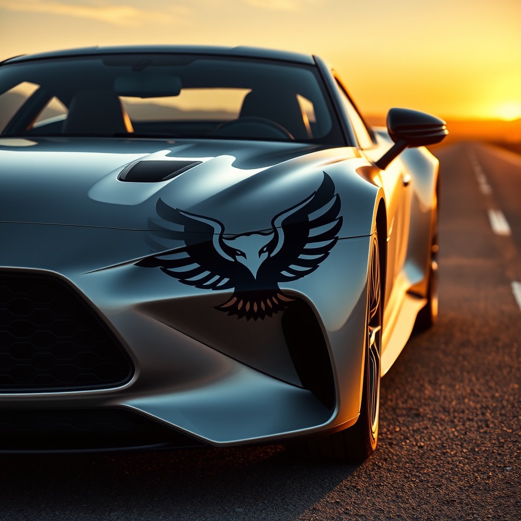 A modern and stylish car featuring a bold eagle logo on the front grille