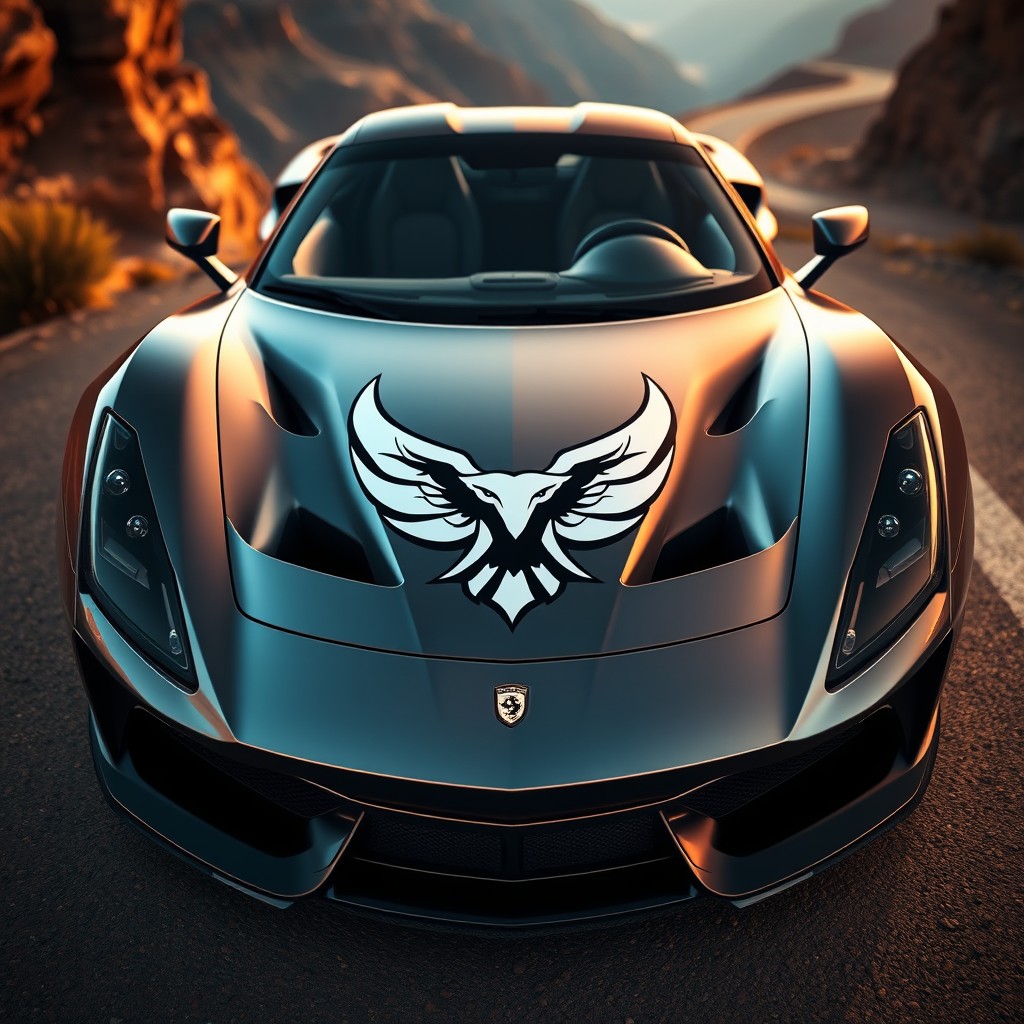 A sleek sports car featuring a prominent eagle brand logo on the front, clearly visible and standing out