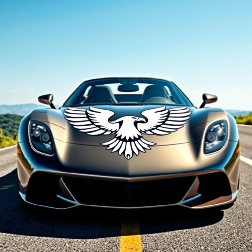 A full view of a sleek sports car featuring a prominent eagle brand logo boldly displayed on the front