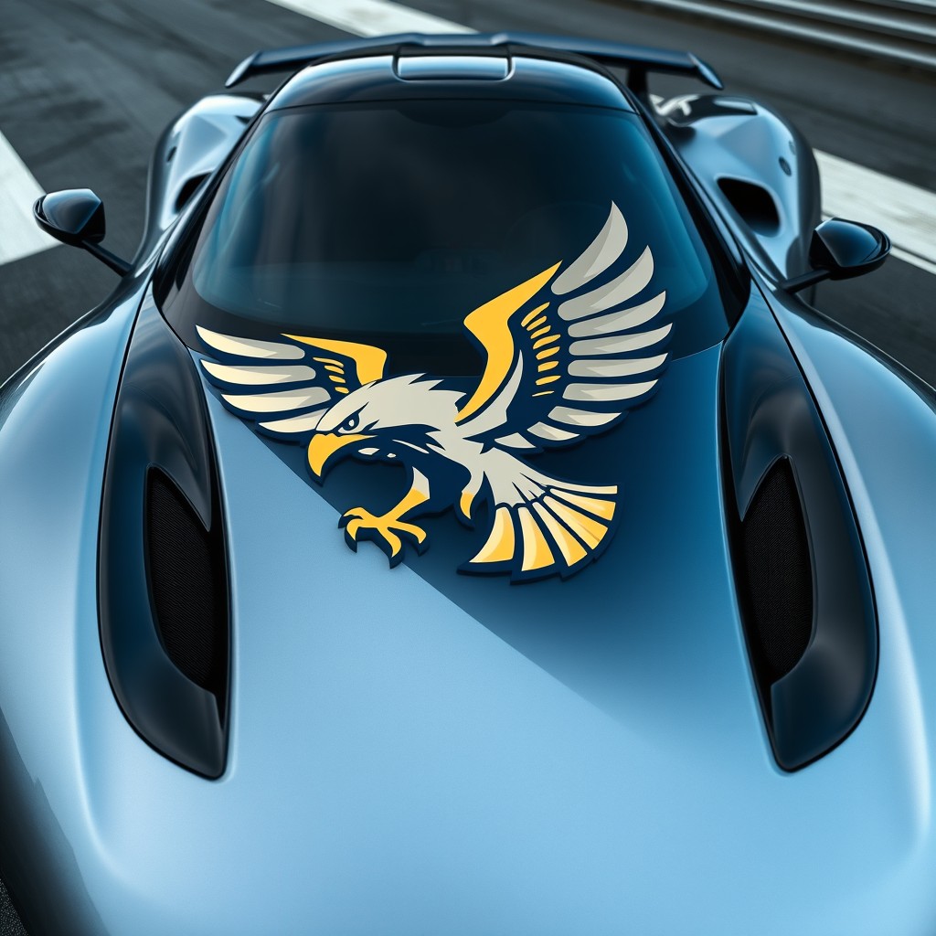 A sleek sports car with aerodynamic and elegant lines, finished in metallic colors like silver or dark blue, accented with glossy black details