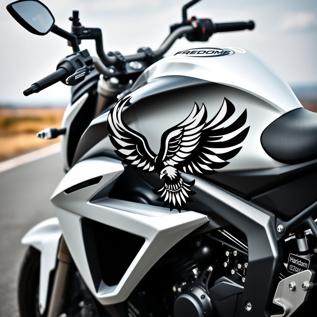A striking motorcycle in a sleek black and white color scheme, showcasing a modern design
