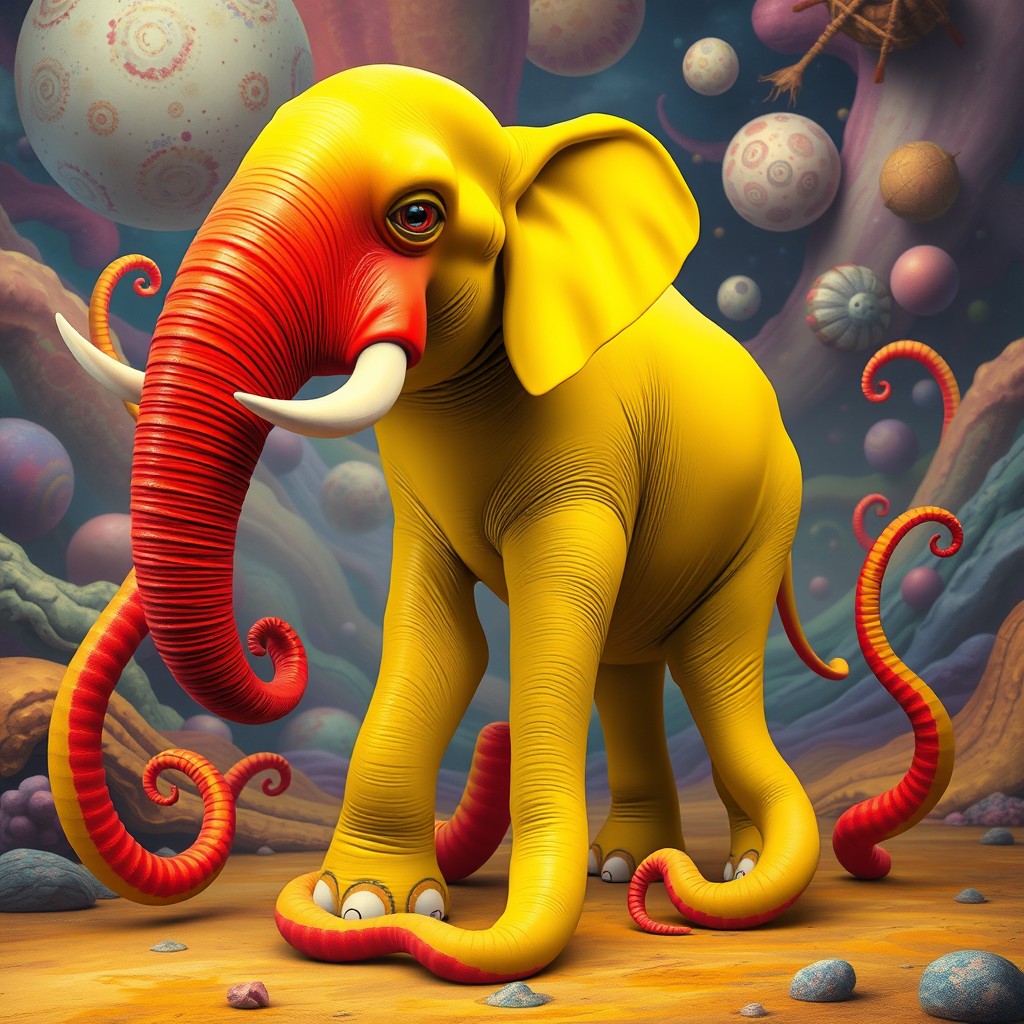 A large, fantastical elephant with multiple vibrant tentacles instead of legs, set against a colorful surreal background