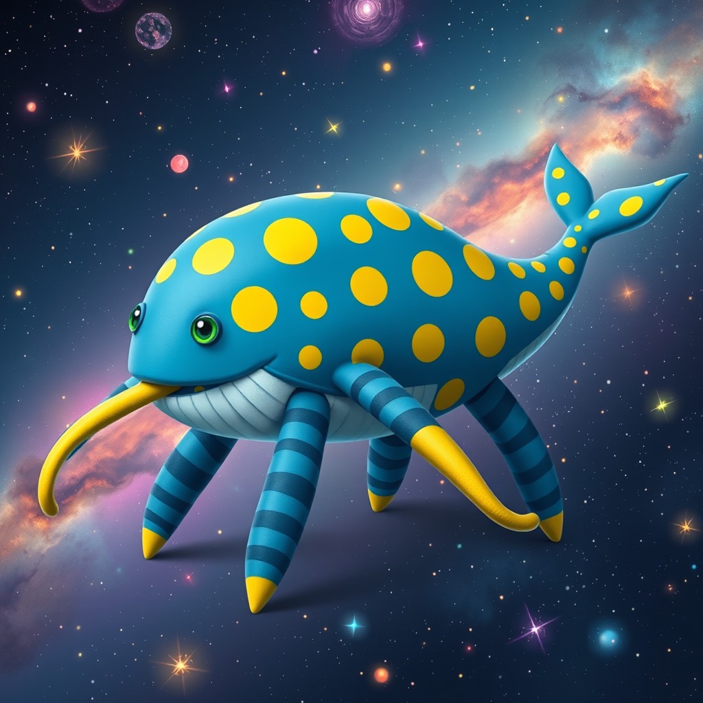 A whimsical space creature resembling a whale, featuring a vibrant blue body adorned with striking yellow dots