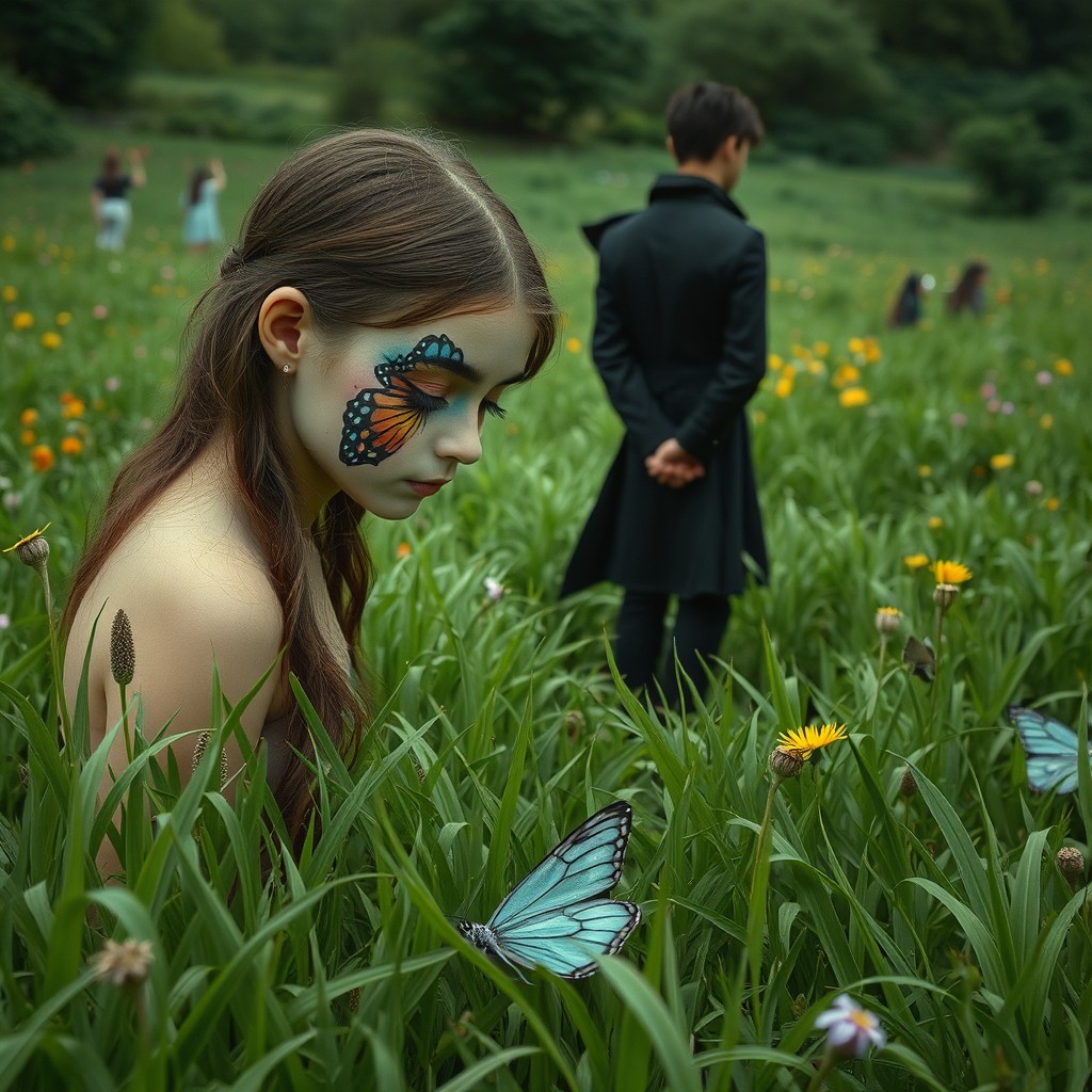 A whimsical scene in a garden field filled with lush green grass
