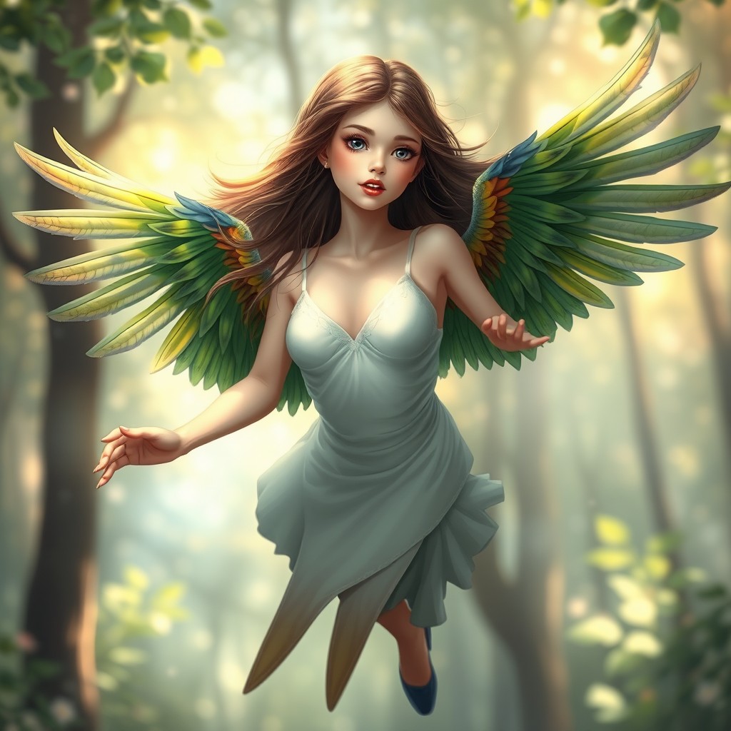 A stunningly beautiful girl with features seamlessly blended with a bird's characteristics, showcasing elegant feathers sprouting from her arms and a delicate beak