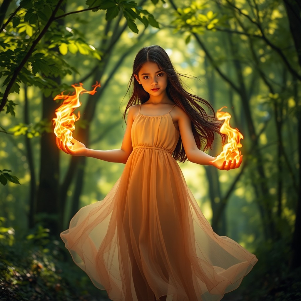 A girl standing in an enchanting forest, with fire emerging from her hands, casting a warm, glowing light