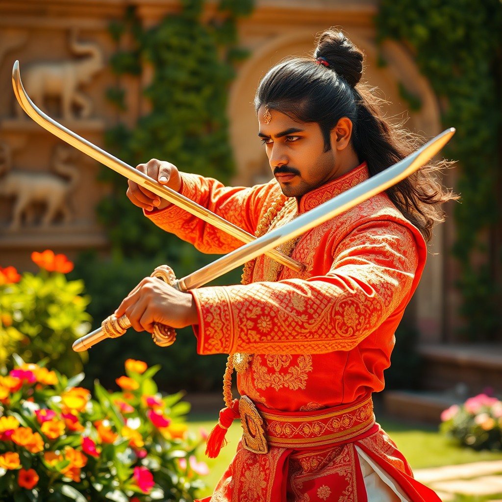 An Indian prince practicing swordsmanship in a lush, green palace garden