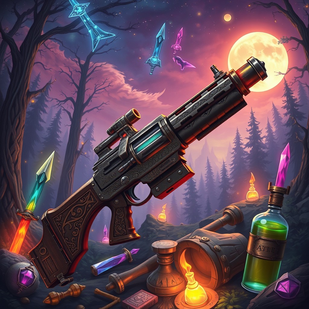 A detailed and dynamic illustration of a Boltgun from Warhammer 40K, set in an MMORPG-inspired environment, surrounded by epic loot including shimmering swords, colorful potions, and ancient artifacts