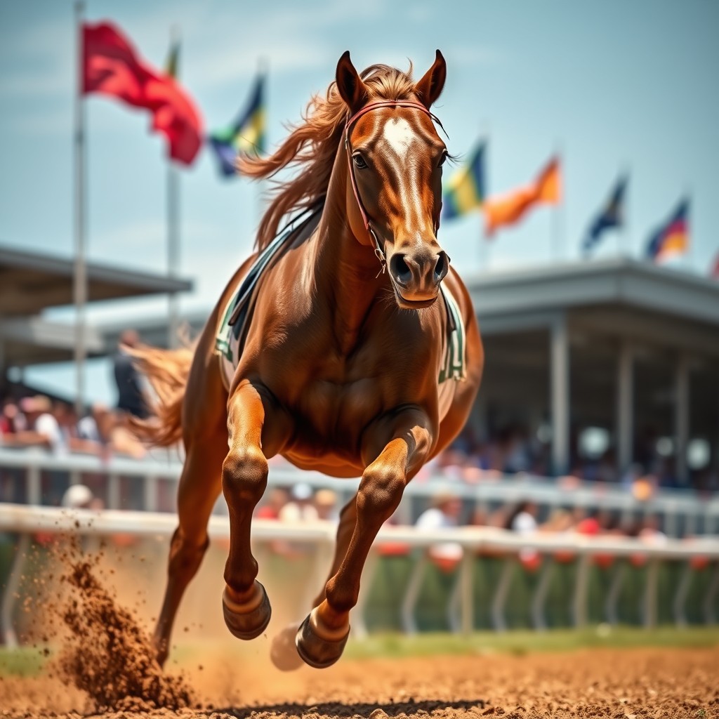 A close-up image of a powerful horse galloping on a racecourse, showcasing its strong muscles and flowing mane