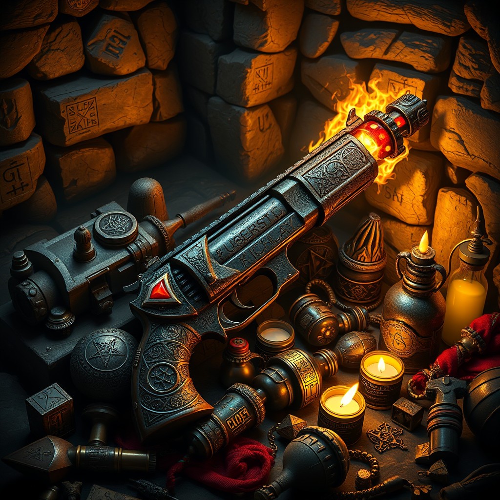 A highly detailed depiction of a cursed pistol from Warhammer 40,000, intricately designed to embody elements of chaos