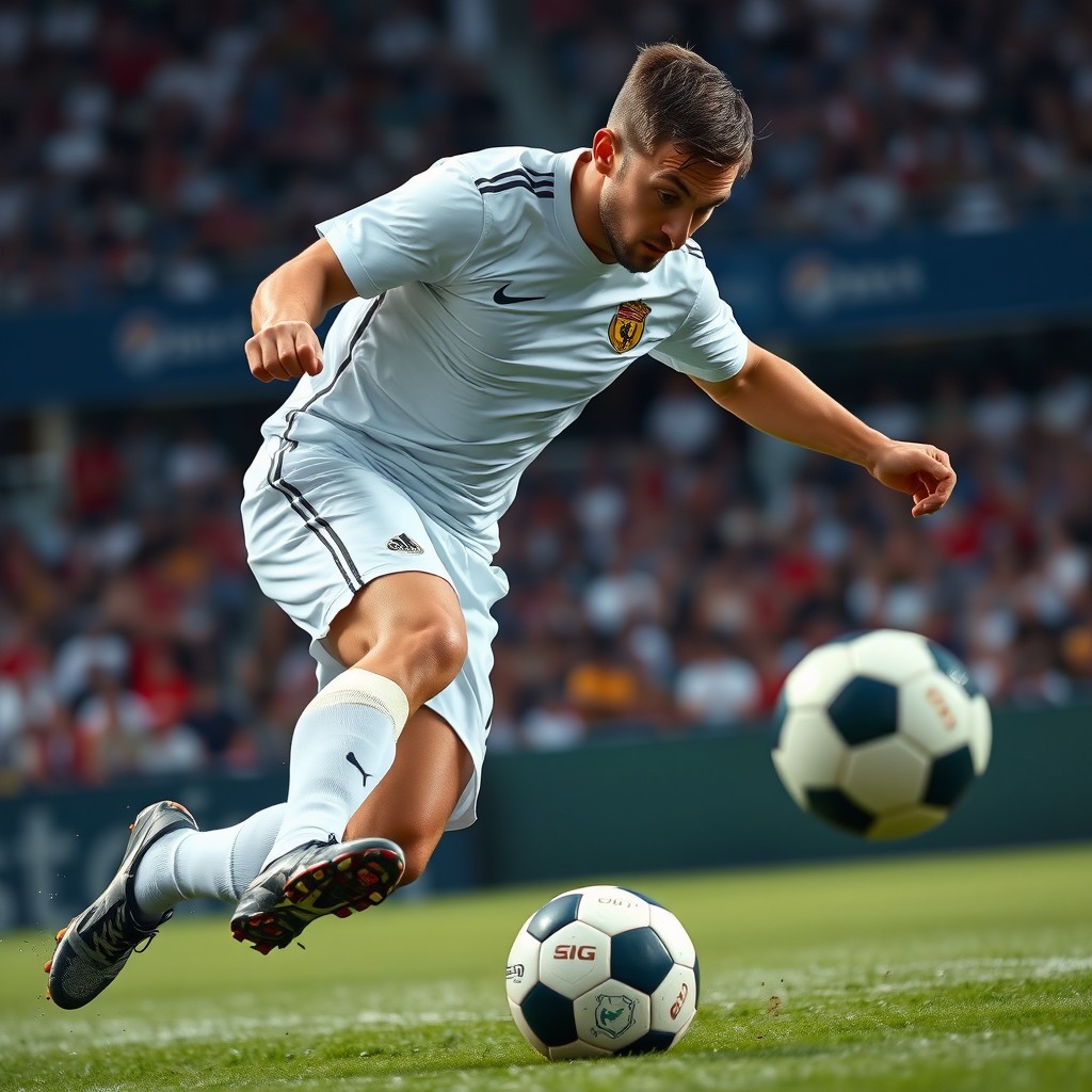 A close-up image of an intense soccer player wearing a crisp white uniform, focused and determined, as he kicks a vibrant soccer ball