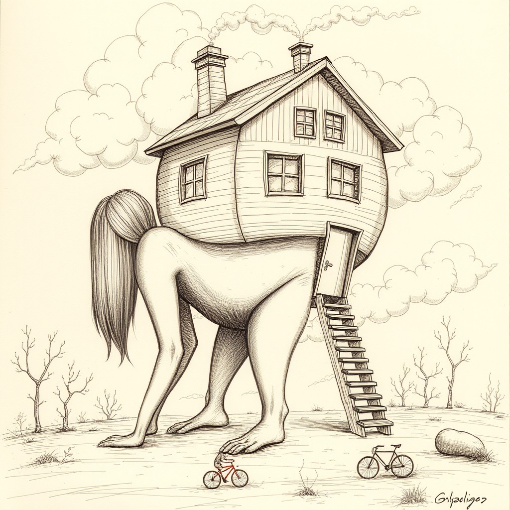 A surreal, sepia-toned pencil drawing of a humanoid figure on all fours, with the back half of the body transformed into a rounded wooden house