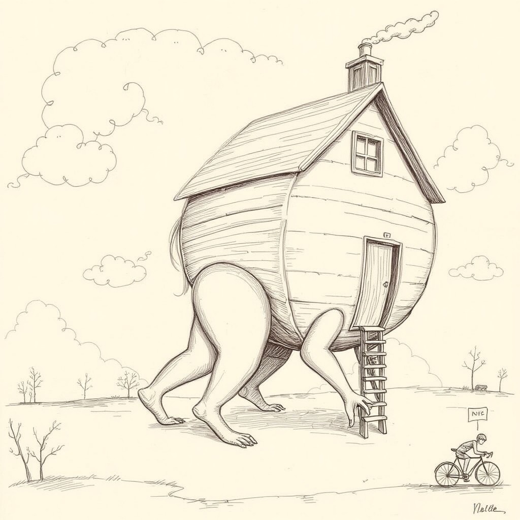 A surreal, sepia-toned pencil drawing of a humanoid figure on all fours, with the back half of the body transformed into a rounded wooden house