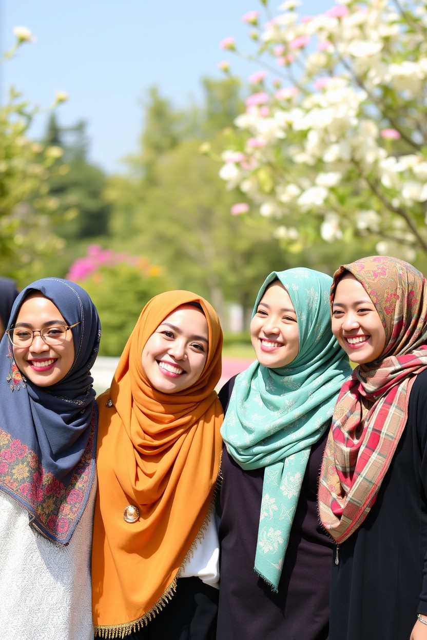 Four happy women wearing hijabs, showcasing vibrant colors and unique patterns in their headscarves