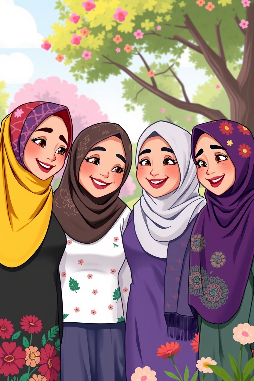 Four women wearing hijabs, depicted in a vibrant and colorful animated style