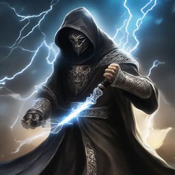 A mysterious man, face concealed by a black mask and a hooded robe with silver lion stripes, engaged in a sky-battle, wielding claws of lightning.