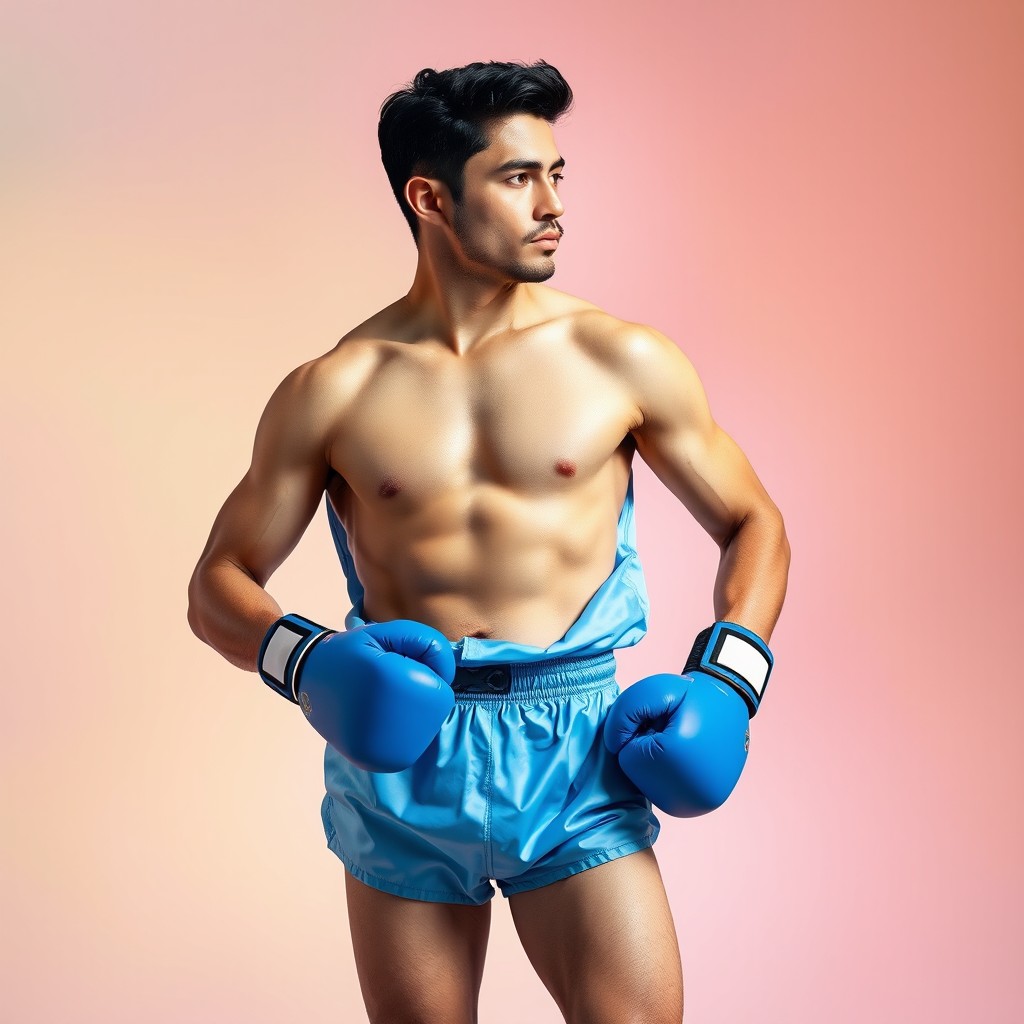 A stylish and colorful scene featuring a male boxer in a relaxed yet confident stance