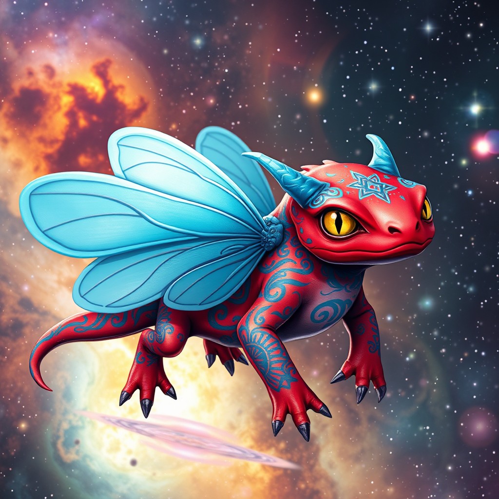 A fantastical space creature resembling an axolotl, featuring vibrant red skin that stands out against the cosmic backdrop