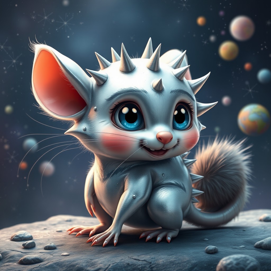 A whimsical, imaginative creature resembling a mouse but with striking silver shiny skin