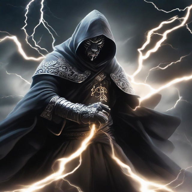 A mysterious man, face concealed by a black mask and a hooded robe with silver lion stripes, engaged in a sky-battle, wielding claws of lightning.