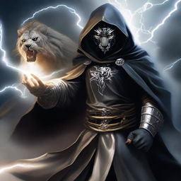 A mysterious man, face concealed by a black mask and a hooded robe with silver lion stripes, engaged in a sky-battle, wielding claws of lightning.