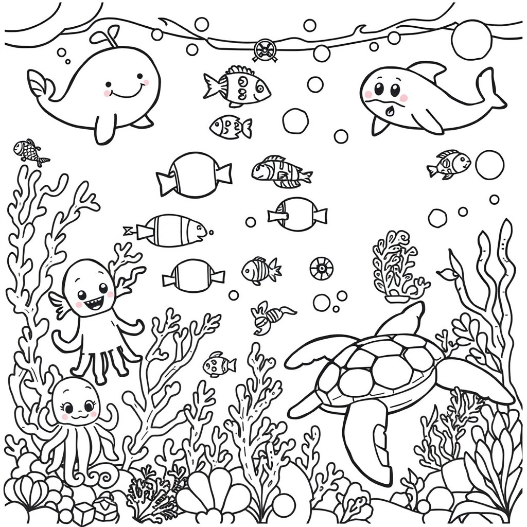 A professional children’s coloring page featuring an underwater scene filled with various ocean life