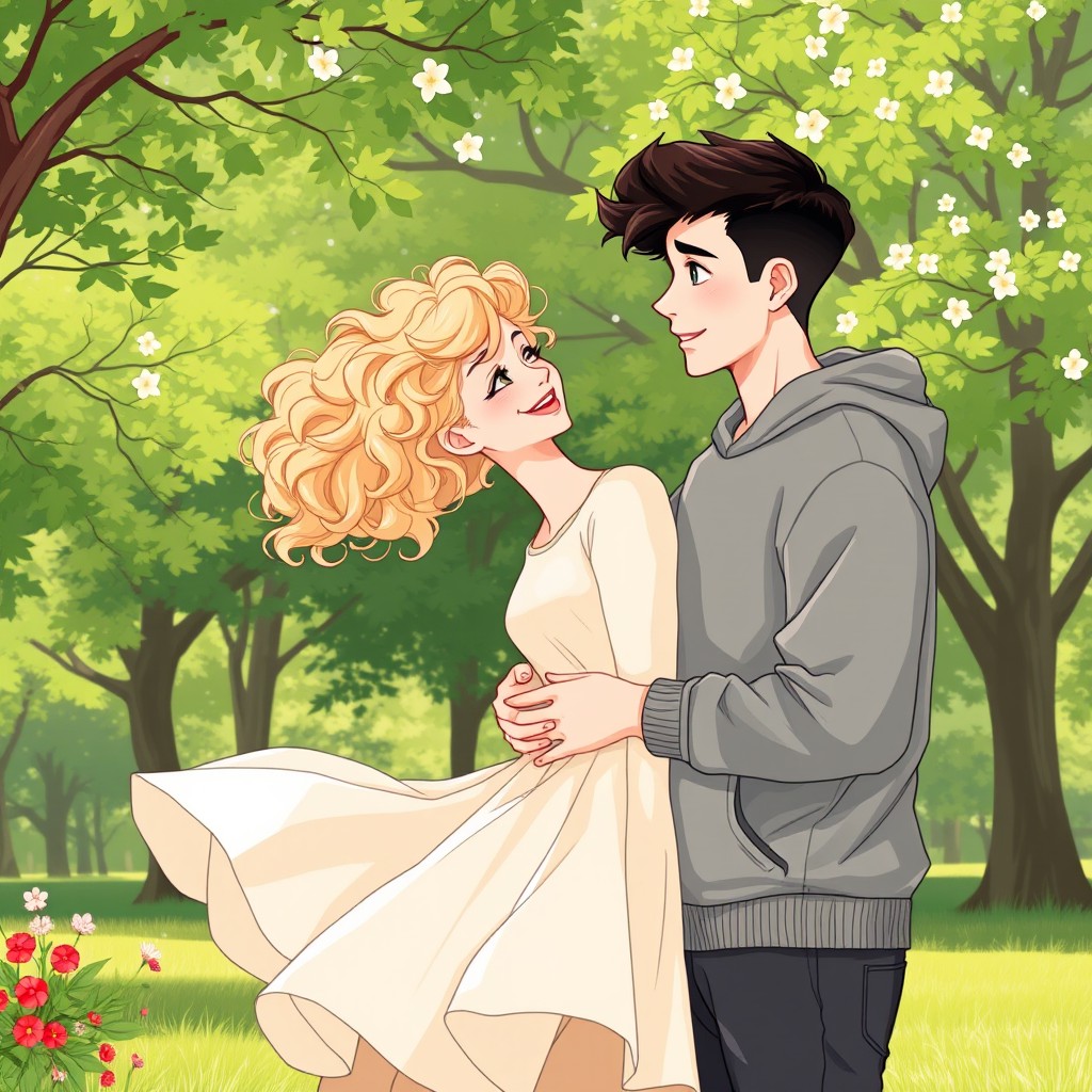 A romantic illustration of a couple in a park