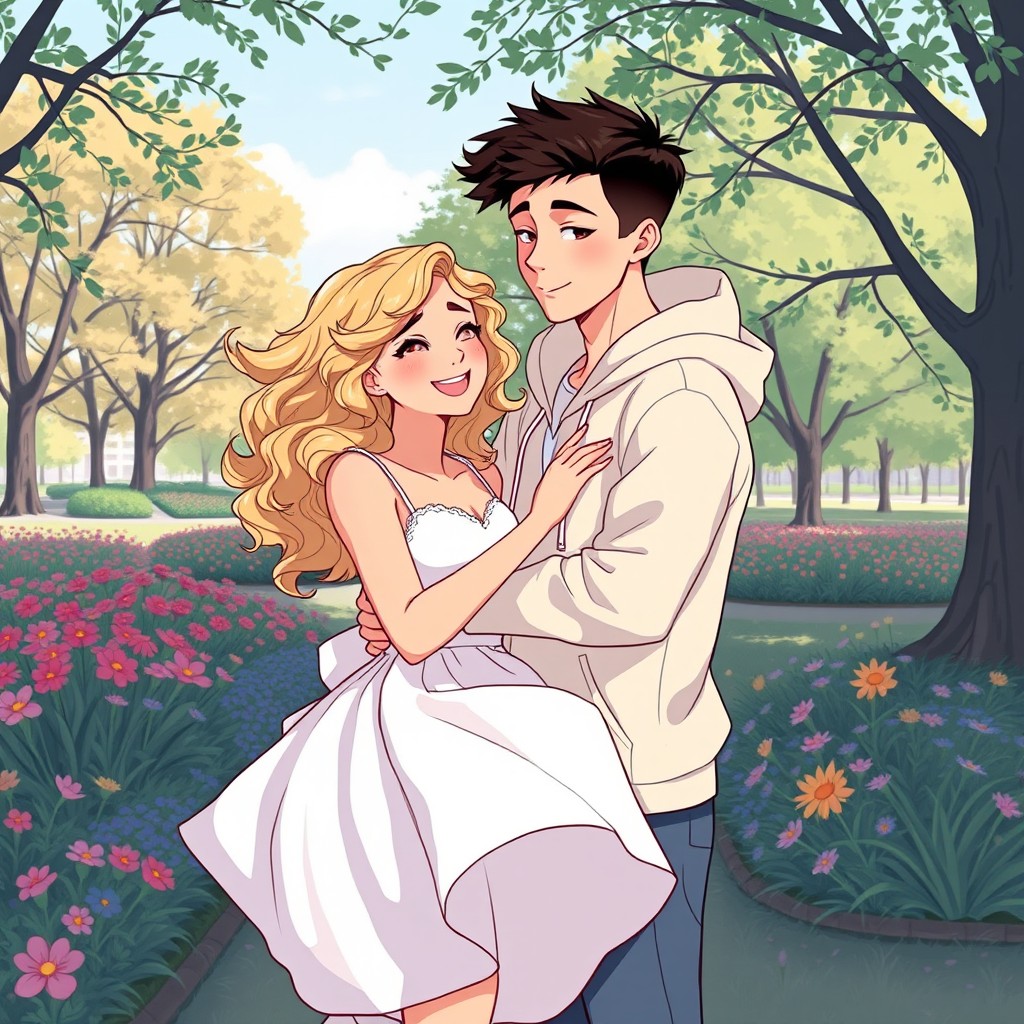 A romantic illustration of a couple in a park