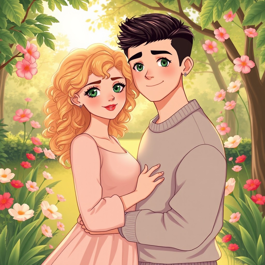 A romantic illustration of a couple in a park