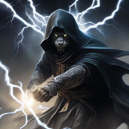 A mysterious man, face concealed by a black mask and a hooded robe with silver lion stripes, engaged in a sky-battle, wielding claws of lightning.