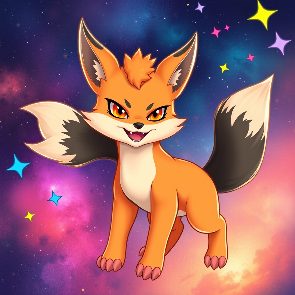 A mythical animal with pastel orange skin, featuring three black and white fox tails playfully swaying in a cosmic backdrop