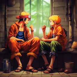 Luffy from One Piece and Naruto from Naruto Shippuden sitting together, with their signature attire and attitudes in a friendly conversation.