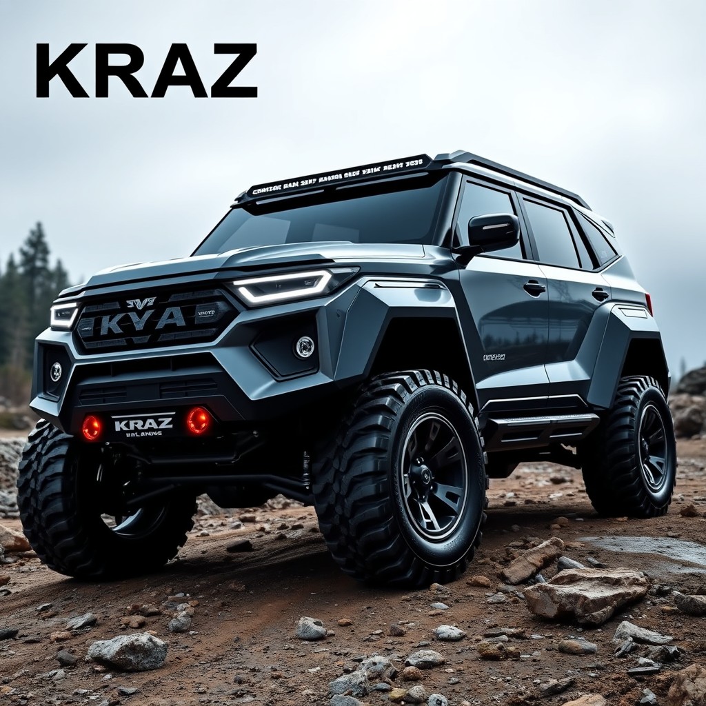 A large, modern 4x4 SUV named KRAZ showcasing a futuristic design