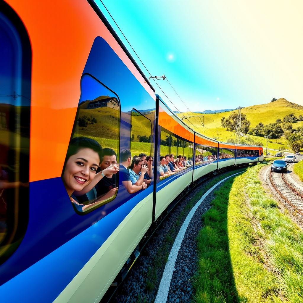 A vibrant and dynamic scene featuring the SPX EXPRESS, a high-speed luxury train