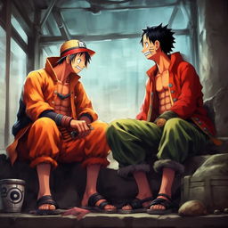 Luffy from One Piece and Naruto from Naruto Shippuden sitting together, with their signature attire and attitudes in a friendly conversation.