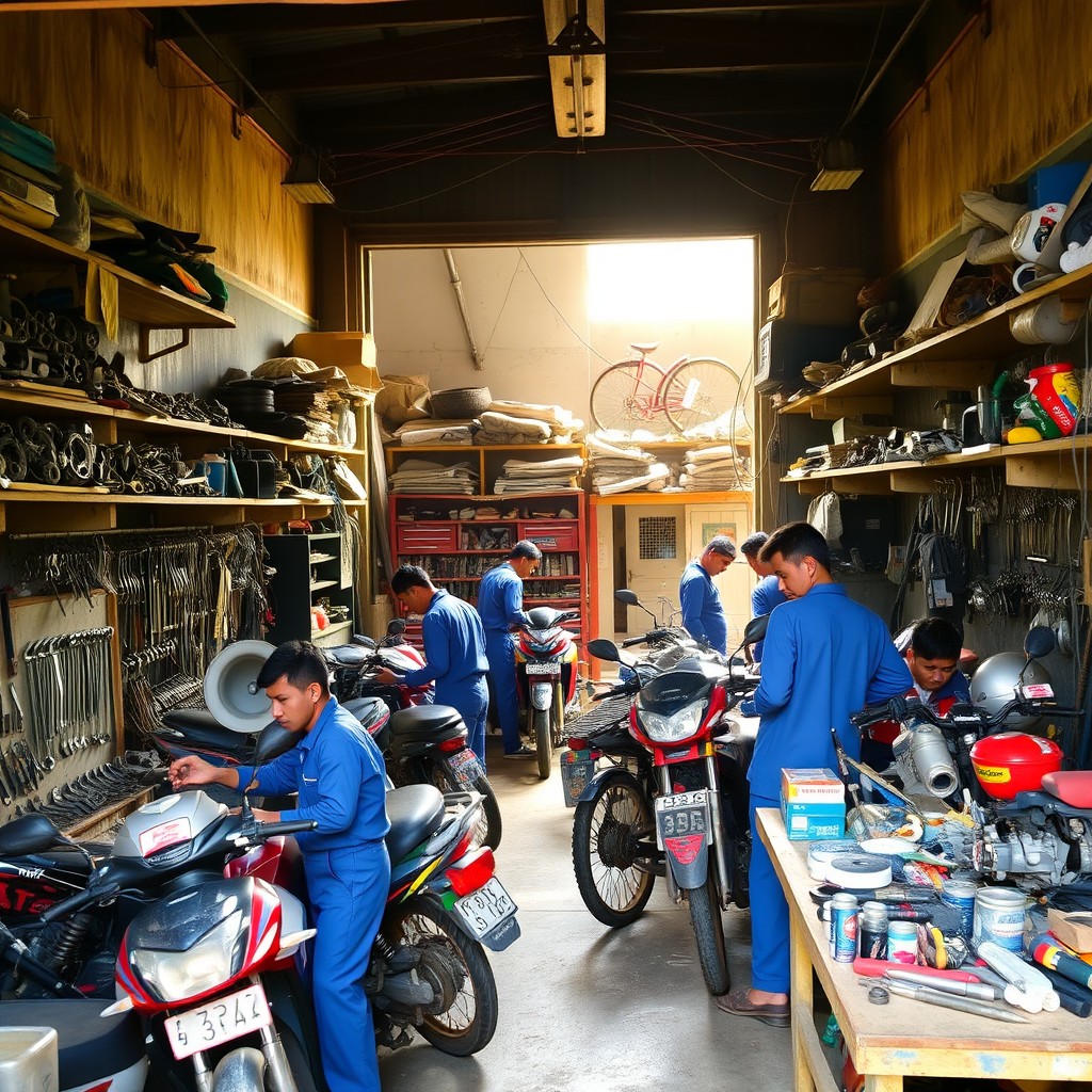 A vibrant scene of a traditional Indonesian workshop (bengkel), filled with various tools and machinery