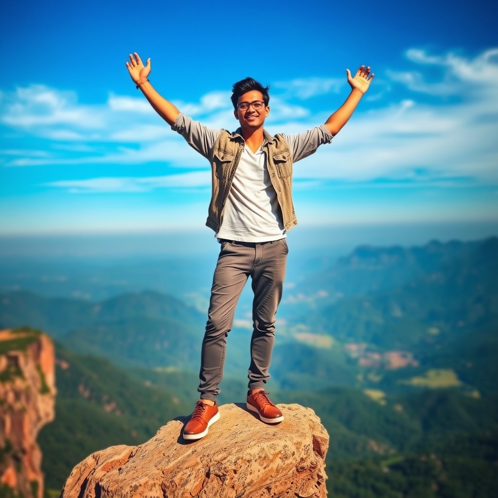 A person standing confidently on a cliff overlooking a vast, beautiful landscape, representing courage and self-belief