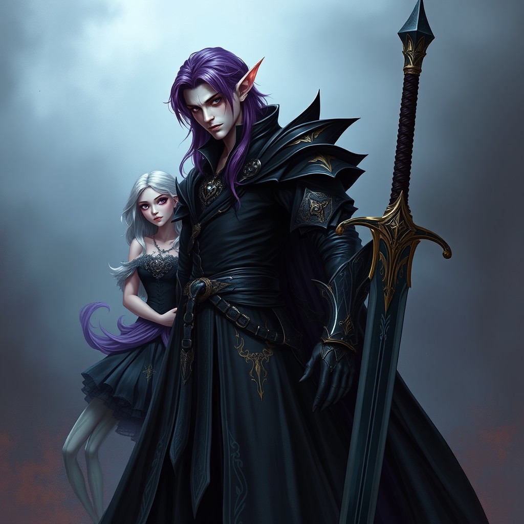 A tall Vampire Elf with striking purple hair, elegantly dressed in flowing black robes adorned with intricate gold inlays and protective black chain mail