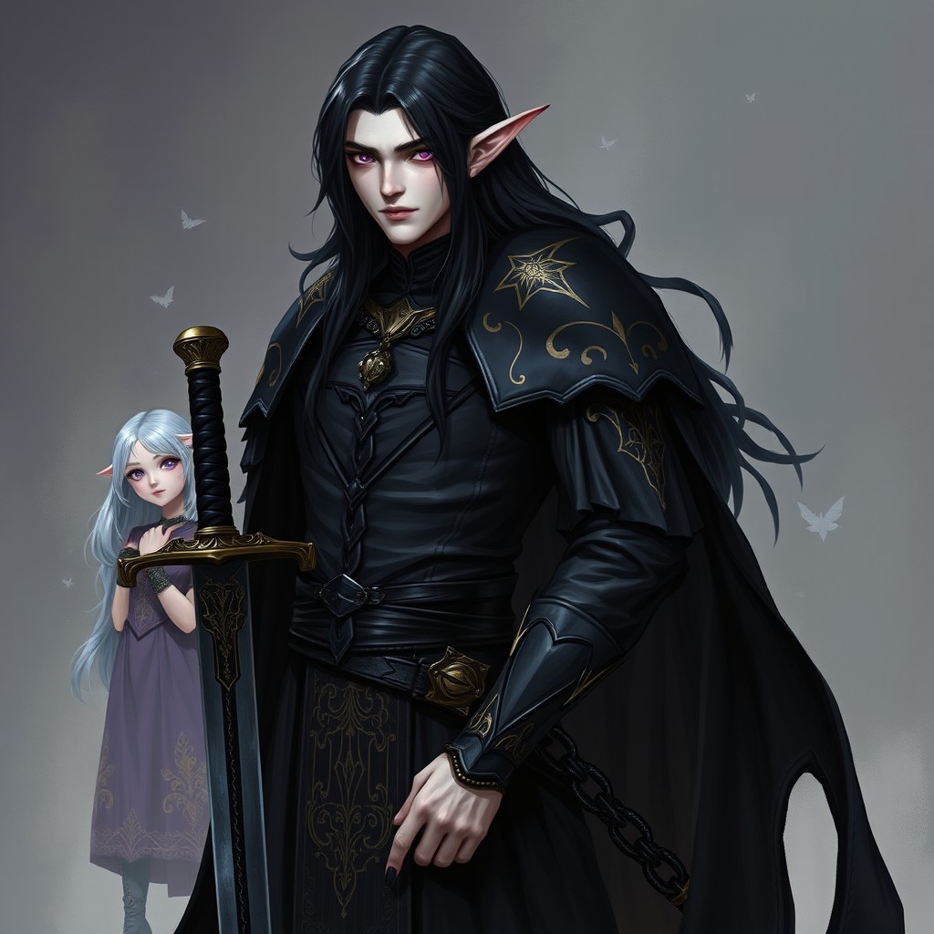 A tall Vampire Elf with striking violet eyes and long black hair, dressed in elegant black robes adorned with intricate gold inlays and complemented by sleek black chain mail